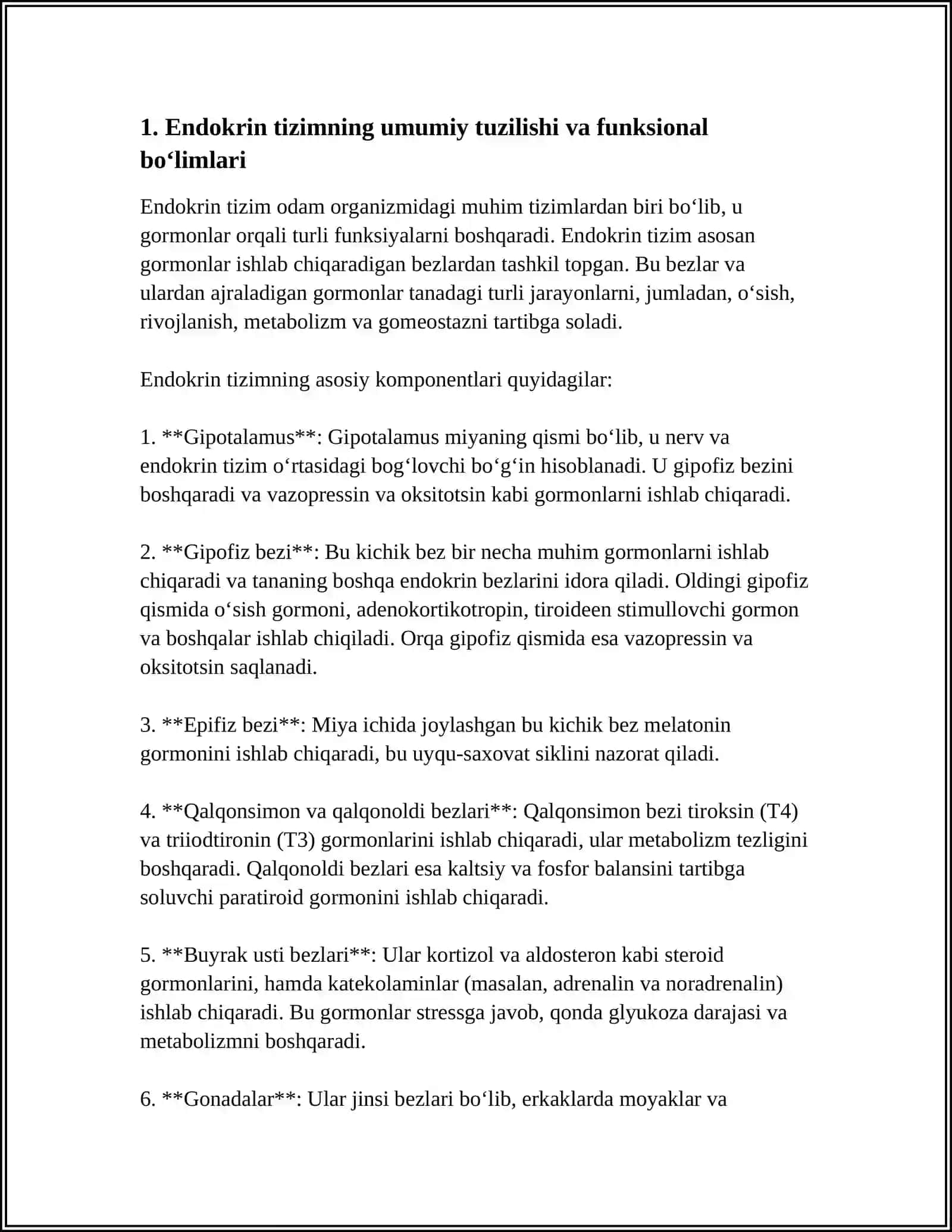 ENDOKRIN TIZIMI. GIPOFIZNING TUZILISHI. ADENO- VA NEYROGIPOFIZ GORMONLARINING BIOLOGIK TA'SIRI. QAYTA BOG‘LANISH MEXANIZMI. NEYROENDOKRIN KASALLIKLAR: AKROMEGALIYA, GIGANTIZM, NANIZM 3