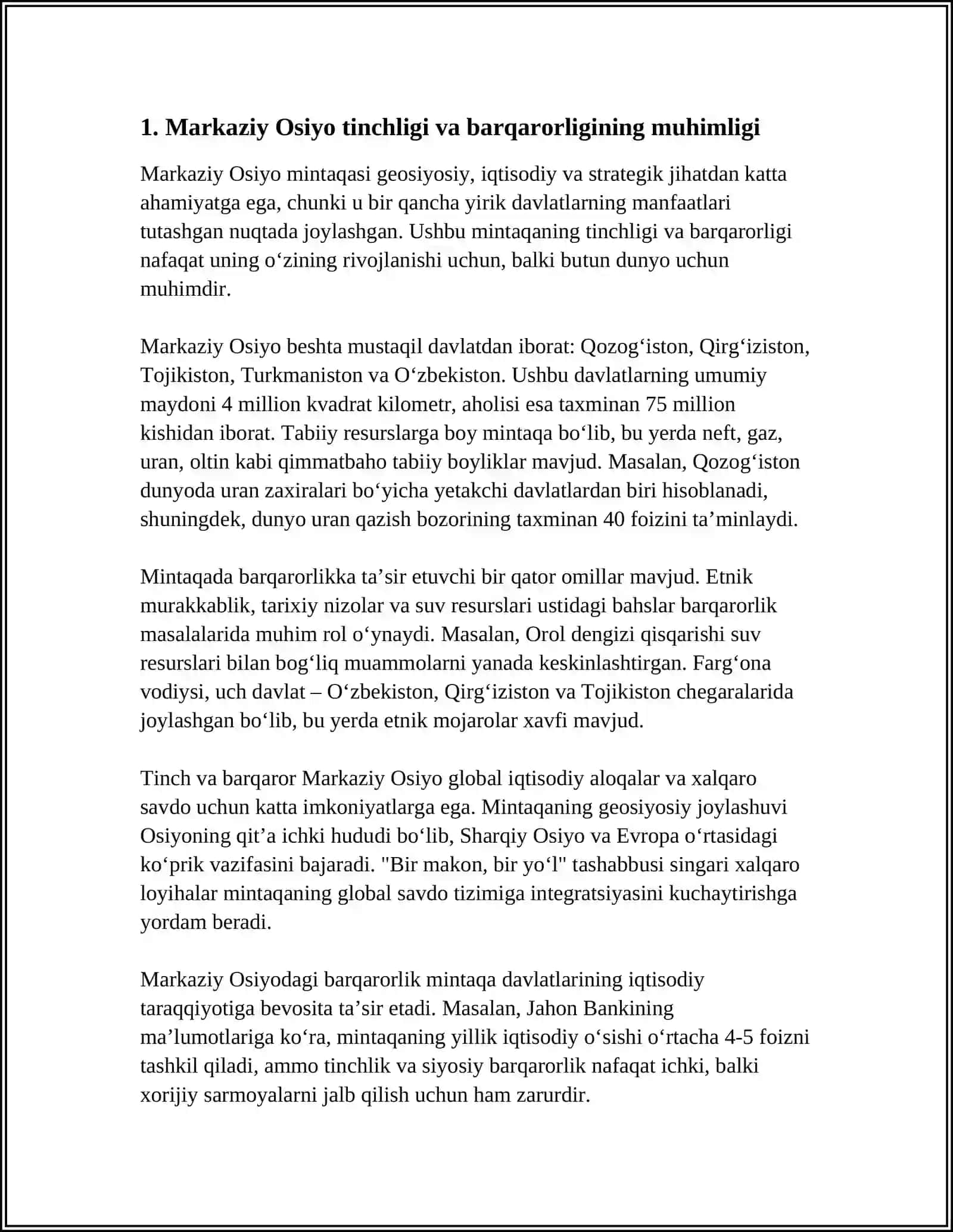 O‘ZBEKISTONNING MARKAZIY OSIYODA TINCHLIK VA BARQARORLIKNI TA’MINLASHDAGI O‘RNI 3