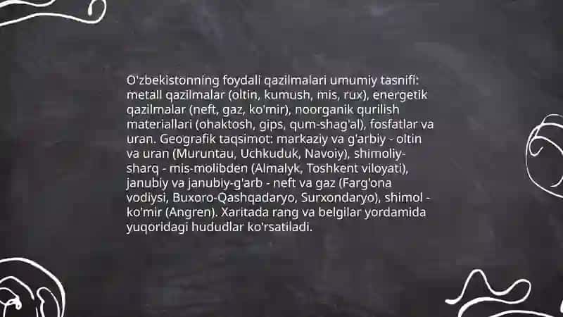 O'zbekistonning foydali qazilmalari haqida ma'lumotlar tayyorlash va xaritada belgilash 3