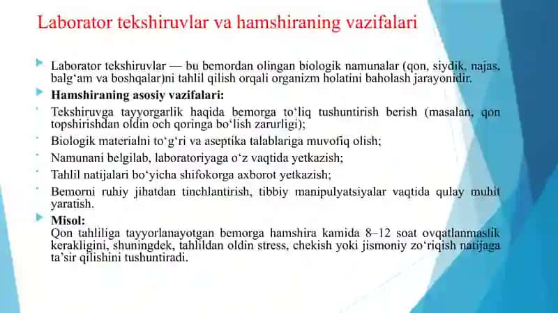 LABARATOR VA INSTRUMENTAL TAKSHIRUVLARDA BEMORLARGA HAMSHIRALIK PARVARISHI 3