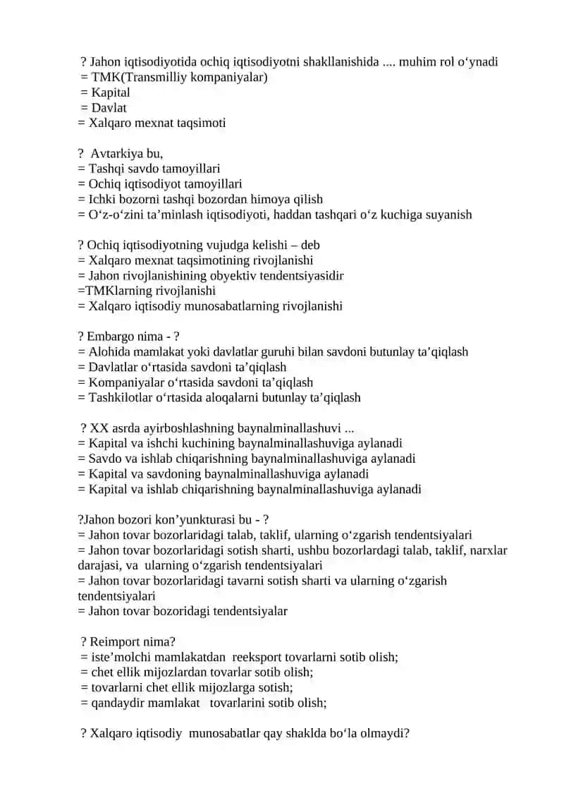 Jahon Iqtisodiyoti fanidan yakuniy test savollari 3