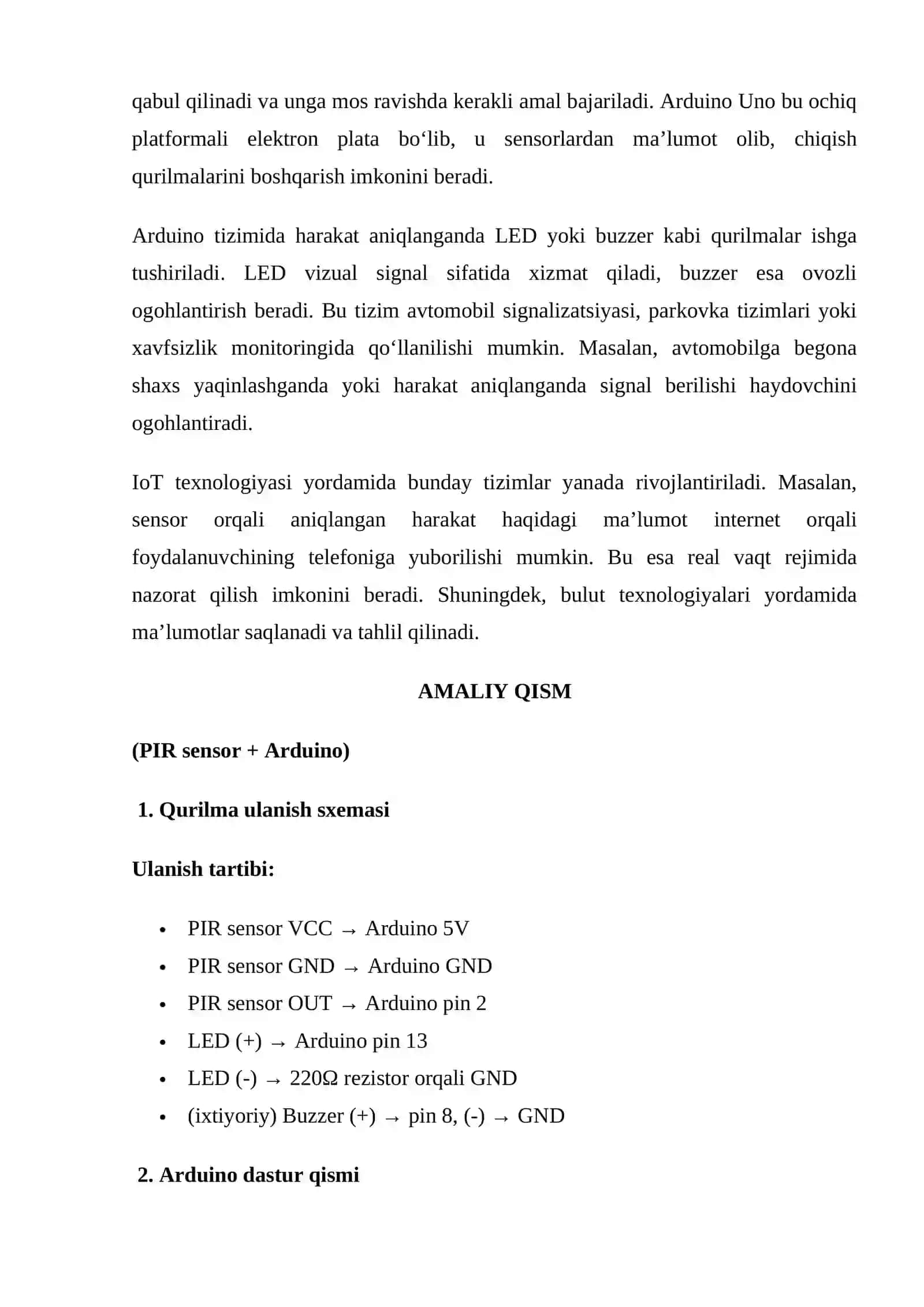 Avtomobilsozlikda IoT texnologiyalaridan foydalanish asosida harakatni aniqlash va unga javob beruvchi tizim yaratish (PIR sensor yordamida LED/buzzer boshqarish) 3