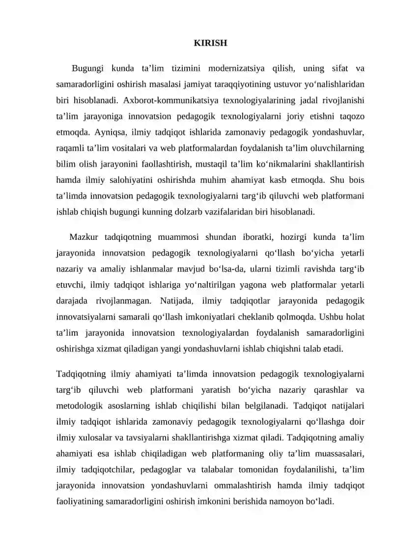 Ilmiy tadqiqot ishlarida Ta'limda innovatsion pedagogik texnologiyalarni targ'ib qiluvchi web platforma ishlab chiqishni maqsad va vazifalari, tadqiqot ob’yekti va predmetini aniqlash uslubiyati. 3