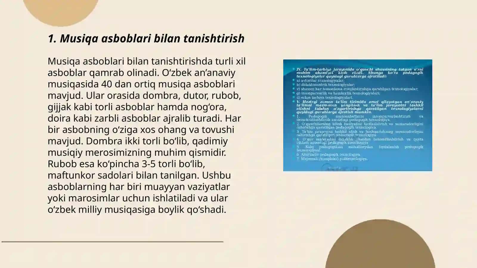 Ilk qadam davlat o'quv dasturi asosida faoliyat markazlarida maktabgacha yoshdagi bolalarniestetik rivojlantirishni tashkil qilish. (Musiqa asboblaridan foydalanishga o'rgatish) 3