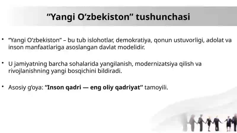 “Yangi O‘zbekiston” tushunchasi, Taraqqiyot strategiyasining mazmuni va O‘zbekiston – xalqchil, ijtimoiy davlat g‘oyasi 3
