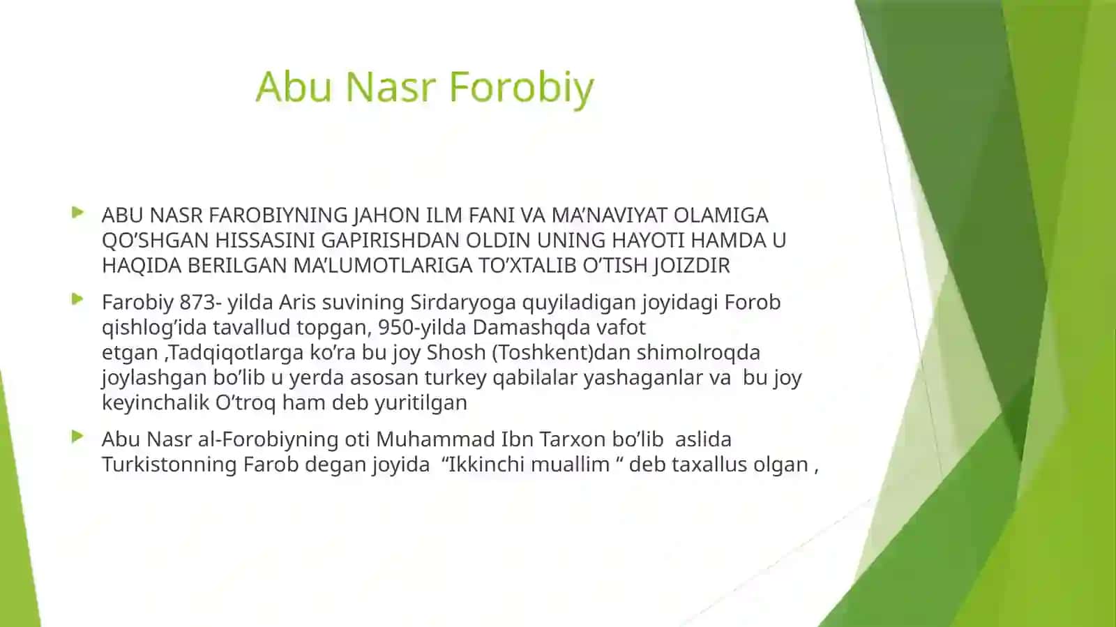 Abu Nasr Farobiyning Jahon ilm fani va ma'naviyat olamiga qo'shgan hissasini gapirishdan oldin uning hayoti hamda u haqida berilgan ma'lumotlariga to'xtalib o'tish joizdir 3