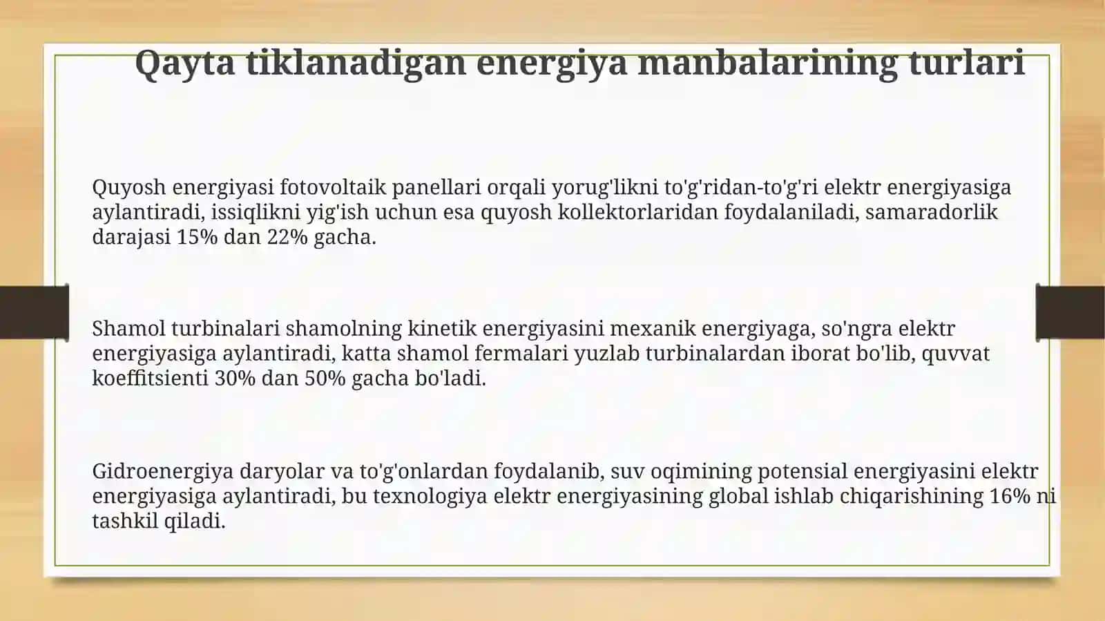 Qayta tiklanadigan energiya manbalarining turlari 3
