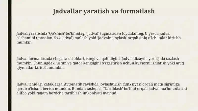 Jadvallar, Rasmlar va Shrftlar bilan Ishlash 3