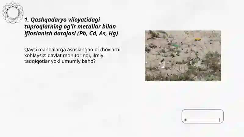 Oʻzbekiston Respublikasi tuproqlarining hozirgi ifloslanish xolatini tahlil qilish Qashqadaryo viloyati bo'yicha 3