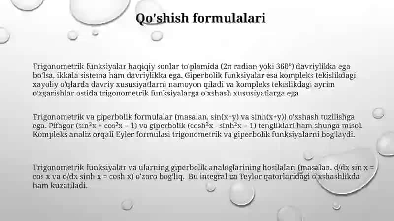 Giperbolik funksiya va Trigonometrik funksiyalarni oʻxshashligi 3