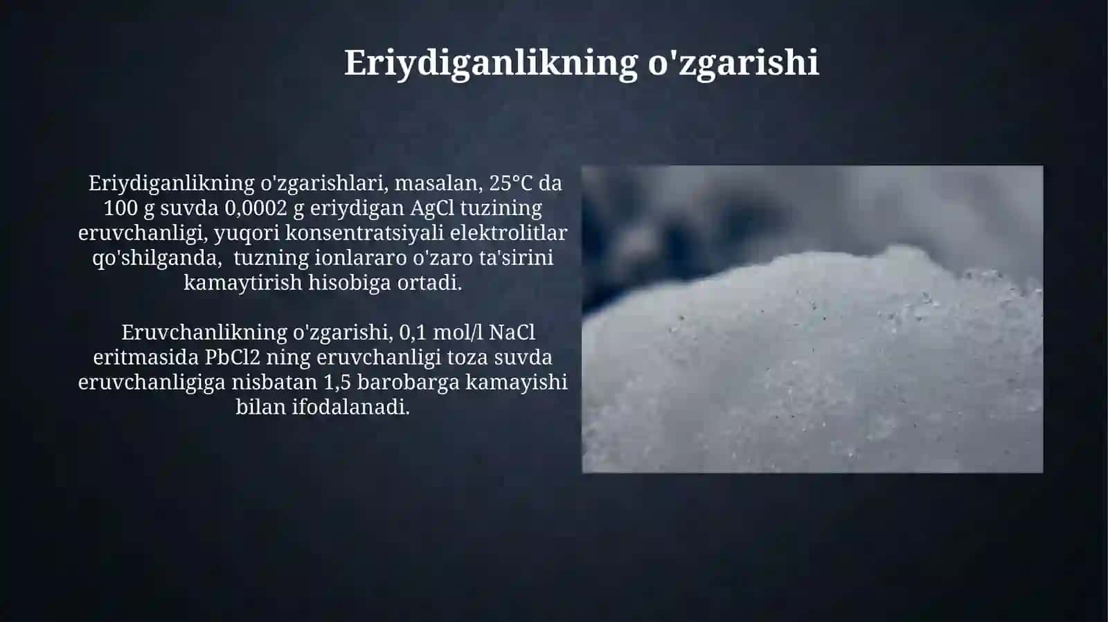 Tuz effekti.Kam eruvchi tuzlarda cho'kmas hosil bo‘lishi va cho‘kmaning erish shartlari 3