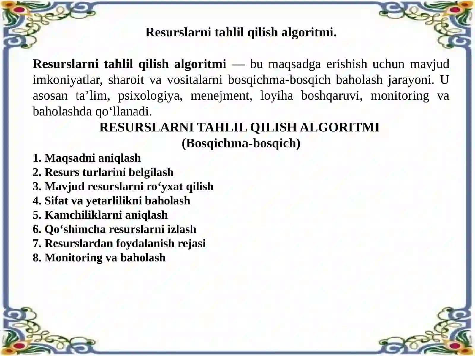 Resurslarni tahlil qilish algoritmi. Pedagogik-psixologik inersiya. Umumtaʼlim maktablarida tarbiya fanini oʻqitishda kreativ yondashuv. Oʻquv topshiriqlarini ishlab chiqishga kreativ yondashuv 3