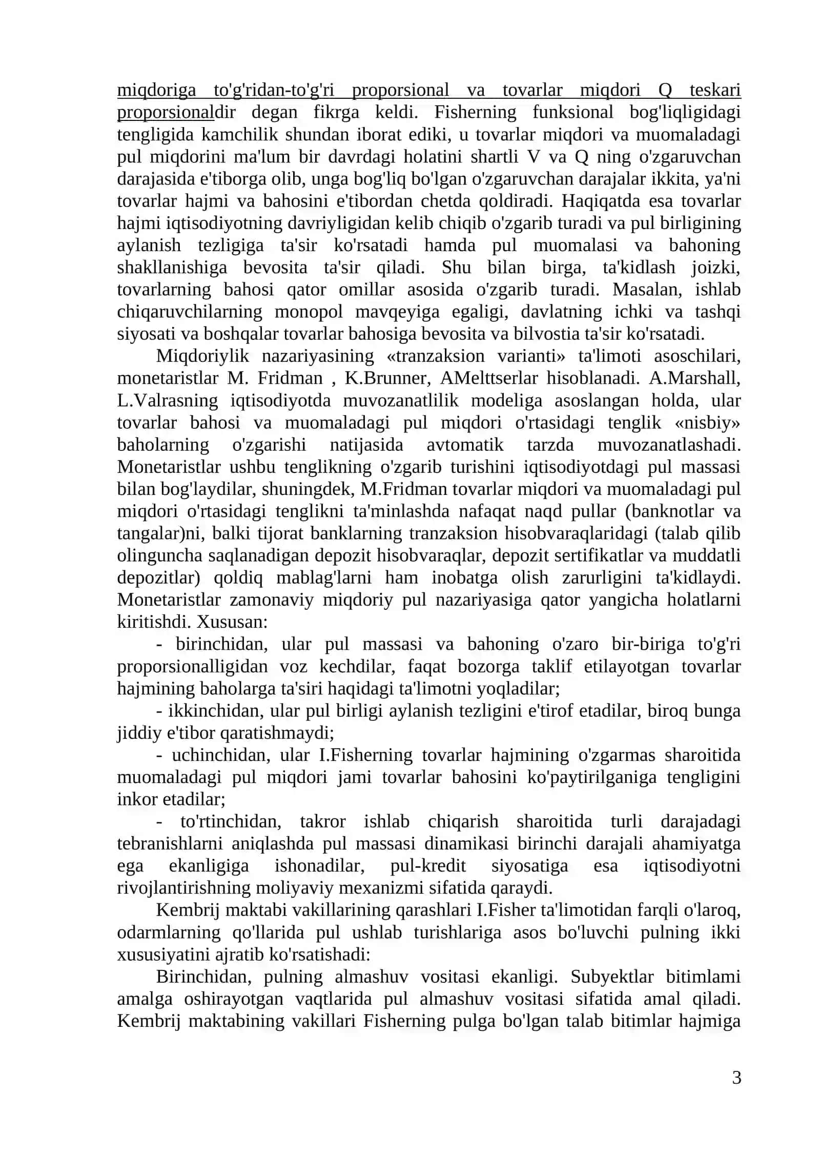 Pulning miqdoriylik nazariyasi. Fisher samarasi. Fridman modeli. Senoraj 3