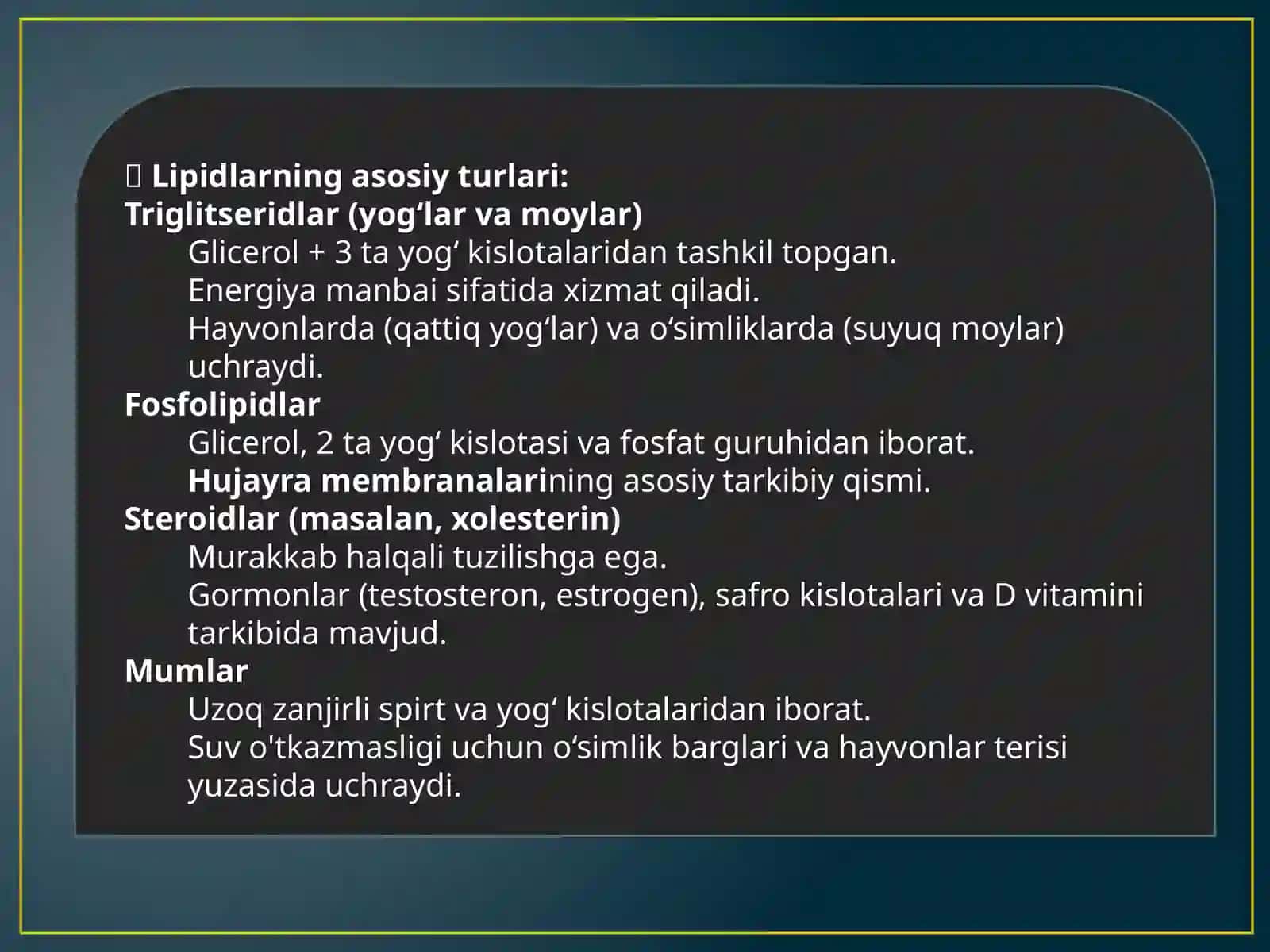 Sovunlanadigan odiy lipidlar haqida umumiy ma'lumot. Mumlar tuzilishi va vazifalari 3