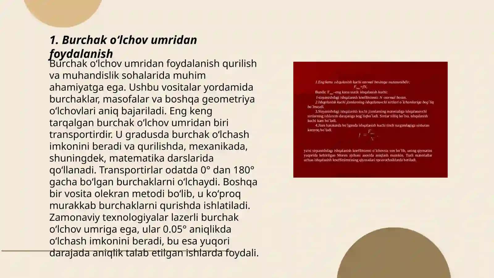 Burchak oʻlchovlari turlarini oʻrganish va har bir oʻlchov turining qoʻlanilish sohasini aniqlash oʻlchovlar boʻyicha 3