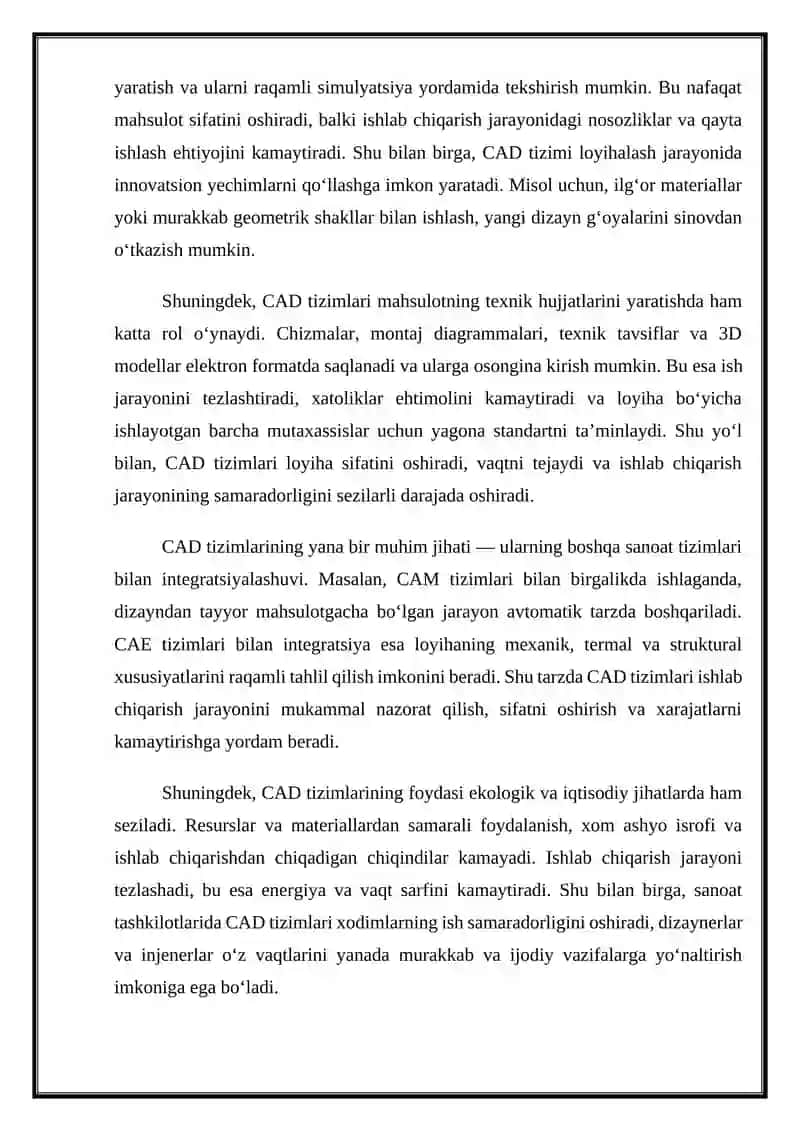 Sanoat tashkilotlarida loyihalash va ishlab chiqarish jarayonlarini takomillashtirish uchun CAD CAM CAE tizimlarini joriy etish 3