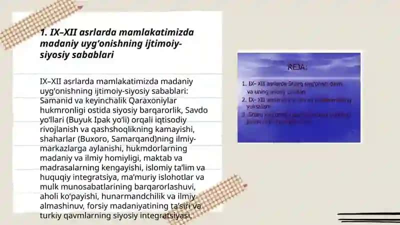 Toʻqqizinchi oʻn ikkinchi asrlarda mamlakatimiz hududida roʻy bergan maʼdaniy uygʻonish renessans davri 3
