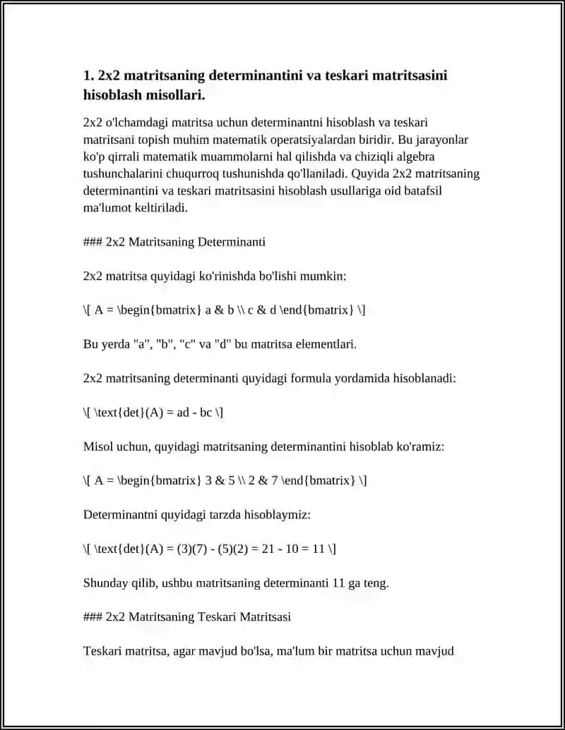 DETERMINANTLARNI VA TESKARI MATRITSANI HISOBLASHGA DOIR MISOLLAR YECHISH 3