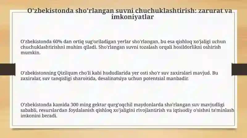 O'zbekiston sharoitida sho'r suvlarni chuchuklashtirish g'oyasini yaratish 3