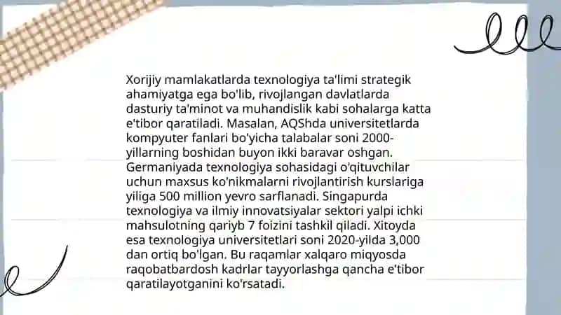 Xorijiy mamlakatlar ta'lim tizimi. Texnologiya ta'limining ahamiyati va mohiyati mavzusida 10ta slayd kerak 3