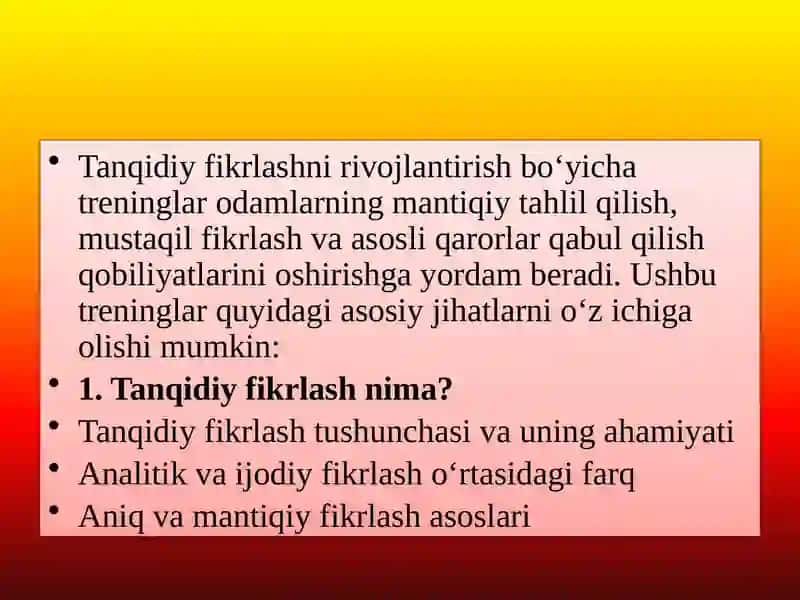 Mavzu:Tanqidiy fikrlashni rivojlantirish bo`yicha treninglar 3