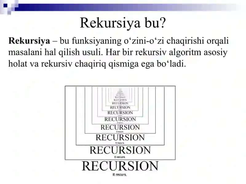 Rekursiya. Rekursiv hisoblash algoritmlari va rekursiv funksiyalar. Xanoy minorasi masalasi 3