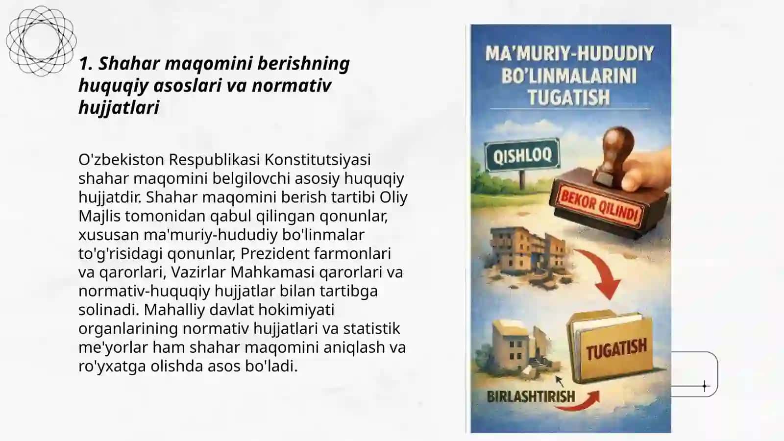 Shahar maqomi berish tartibi, ma‘muriy-hududiy birliklarni tashkil etish va tugatish tartibi by Hulkar Normamatova 3