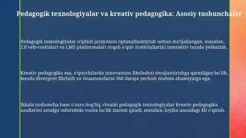 Kreativ pedagogika fanini o'qitishda pedagogik texnalogiyalardan foydalanish 3