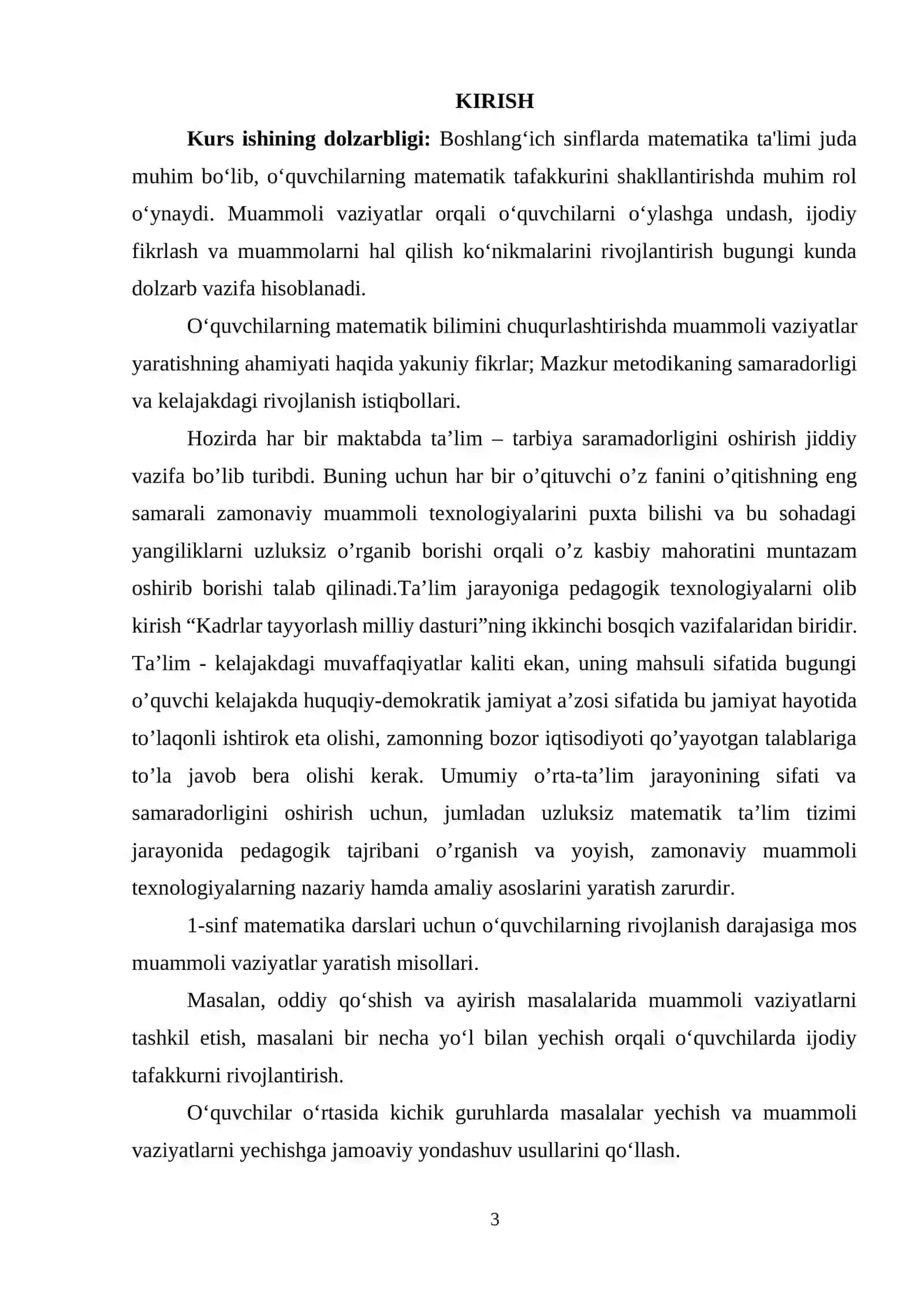 BOSHLANG’ICH SINFLARDA MATEMATEKA TA’LIMIDA MUOMMOLI VAZIYATLARNI TASHKIL ETISH IMKONIYATLARI.  KURS ISHI 3