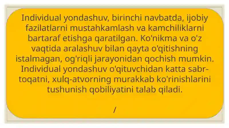 TA’LIM RIVOJLANTIRISH JARAYONIDA BOLALARGA INDIVIDUAL YONDASHISHI TEXNOLOGIYASINI AMALGA OSHIRISH UCHUN PSIXOLOGIK –PEDAGOGIK SHAROITLAR 3