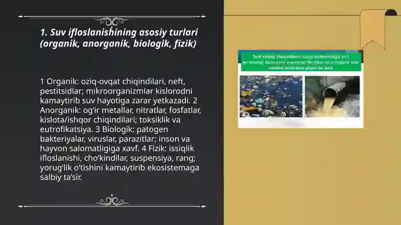 Suv ifloslanishining asosiy turlari (organik, anorganik, biologik, fizik) 3