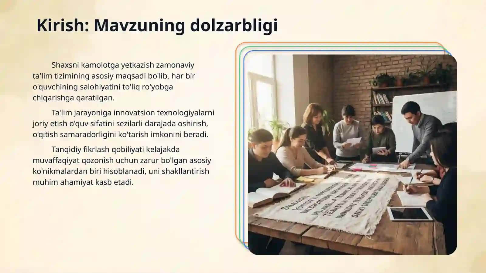 Shaxsni kamol toptirishga yo‘naltirilgan ta’lim texnologiyalari. Integratsiya haqida umumiy tushuncha. Muammoli ta’lim texnologiyasining psixologik asoslari. Innovatsion texnologiyalar asosida tanqidiy tafakkurni shakllantirish. 3