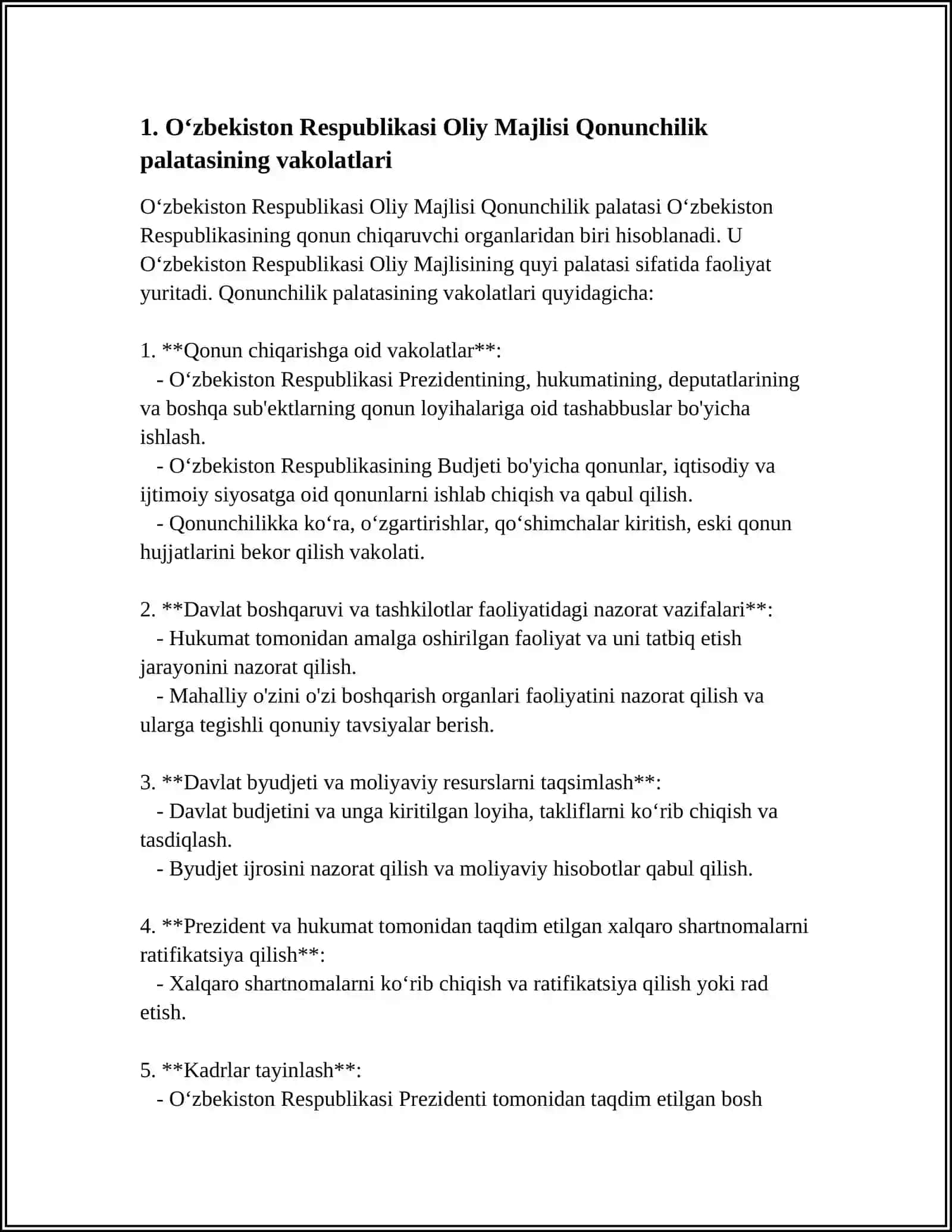 MUSTAQIL ISH Mavzu: OʻZBEKISTON RESPUBLIKASI OLIY MAJLISI QONUNCHILIK PALATASI 3