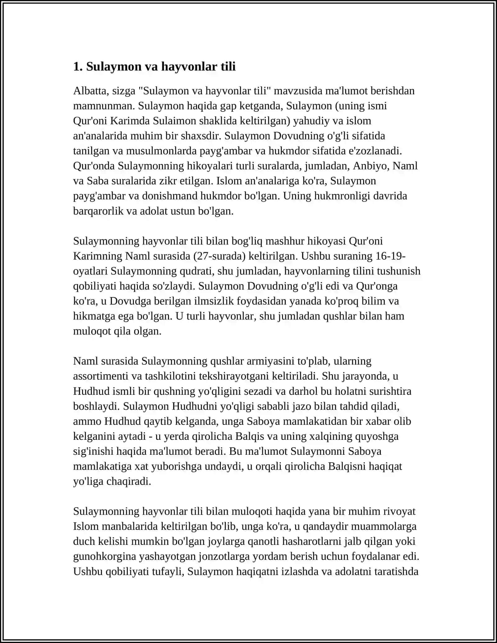 "SULAYMONNING QARINCHQA BILAN SO'ZLASHGANI" HIKOYASI TAHLIL QILIB BER 3