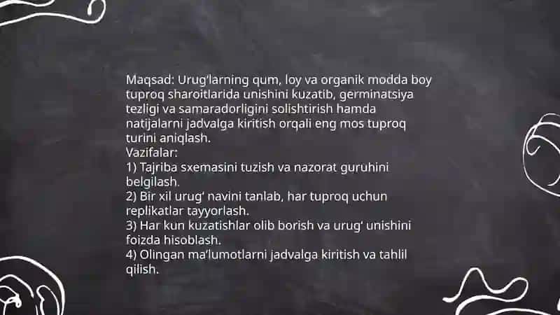 Urugʻlarning turli tuproqlarda unishini tajribada kuzatish va natijalarni jadvalga kiritish 3