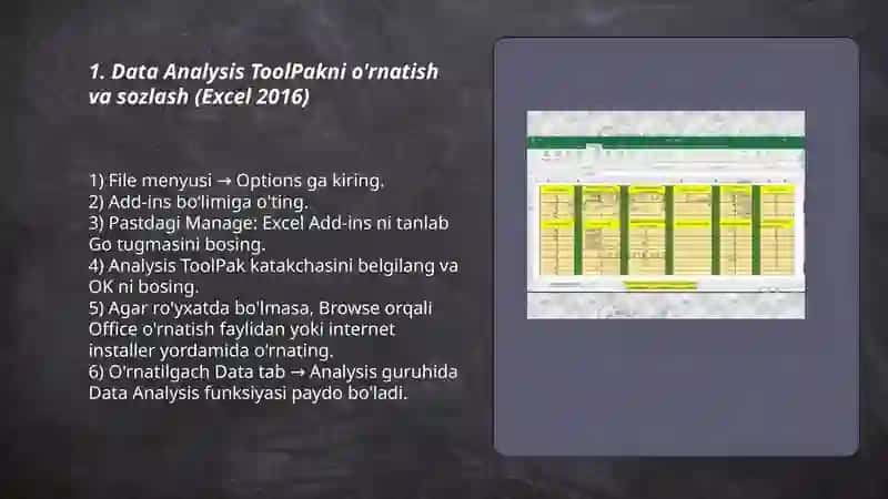 MS Excel-2016dasturining statistik tahlillar qilish va yechimlar qidirish funksiyalari bilan ishlash 3