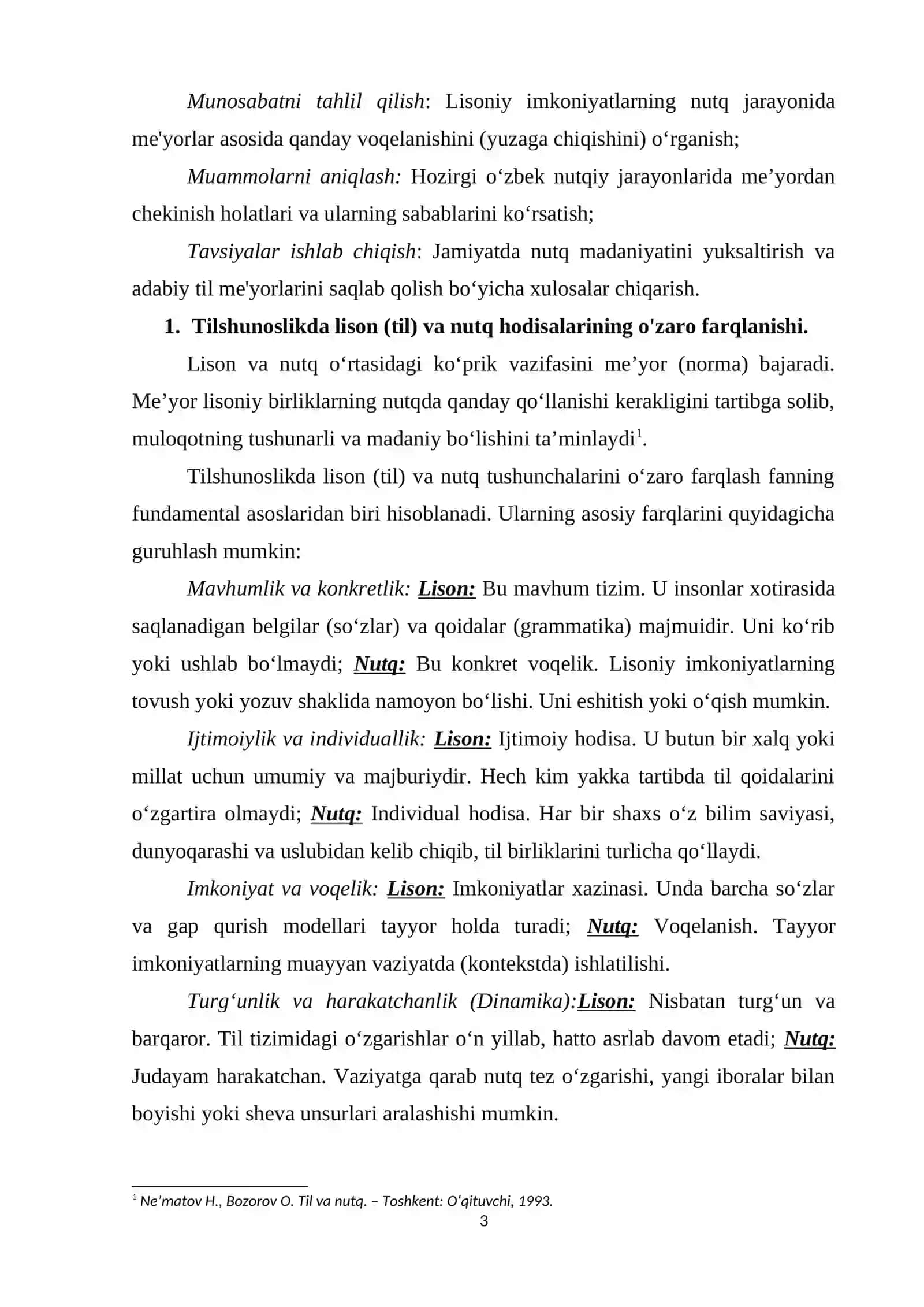 Hozirgi o'zbek tilida lison, nutq, me'yor munosabati umumiy tahllil 3