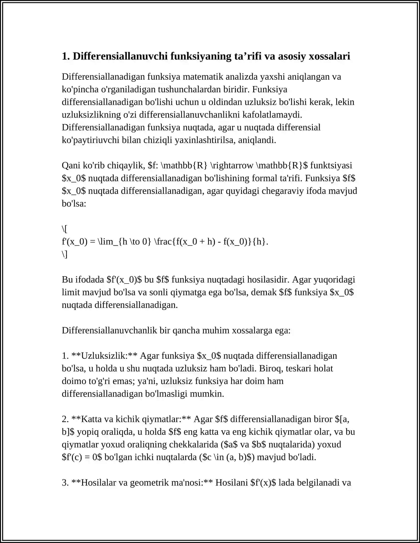 DIFFERENSIALLANUVCHI FUNKSIYALAR VA ULAR UCHUN ASOSIY TEOREMALAR.HOSILANING BAʼZI TADBIQLARI.TEYLOR FORMULASI.ANIQMASLIKLARNI OCHISH.LOPITAL QOIDASI 3