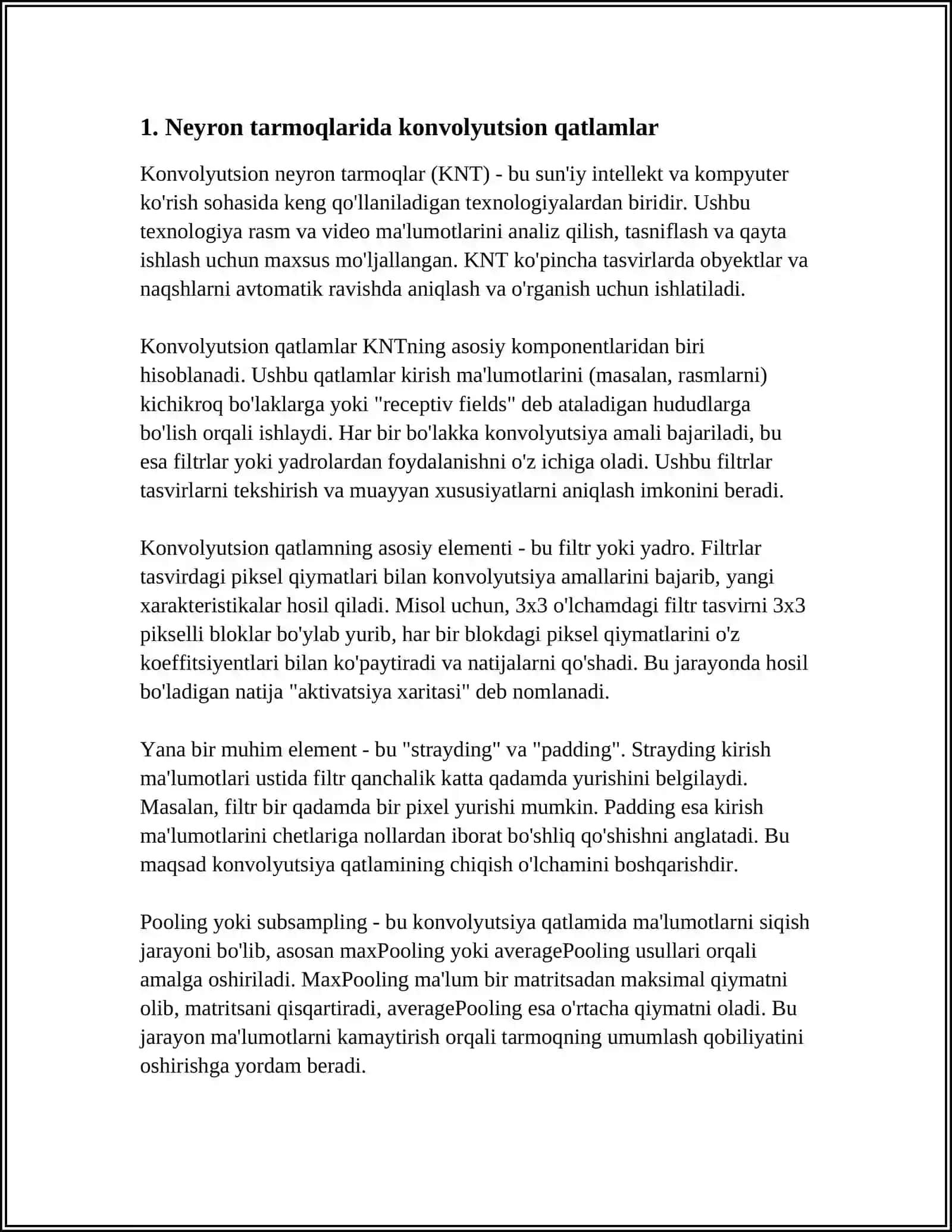 NEYRON TARMOQLARIDA CNN (CONVOLUTIONAL NEURAL NETWORKS) USULIDAN FOYDALANISH 3