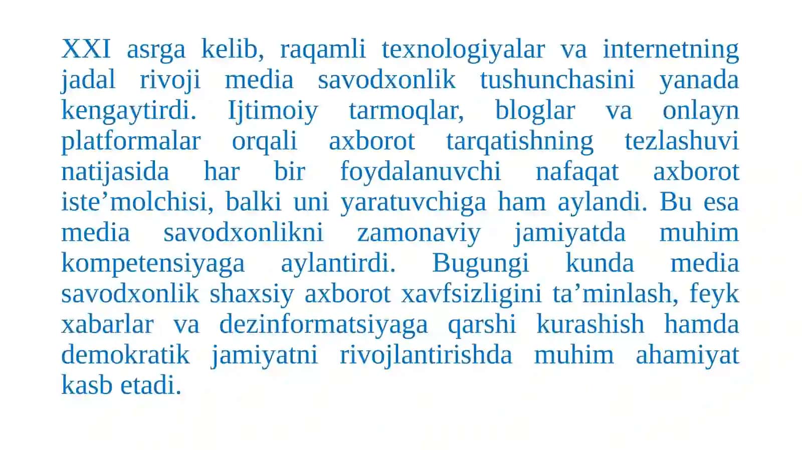 1-mavzu: Media  savodxonlik va axborot madaniyati evolyutsiyasi hamda jamiyatdagi ahamiyati 3