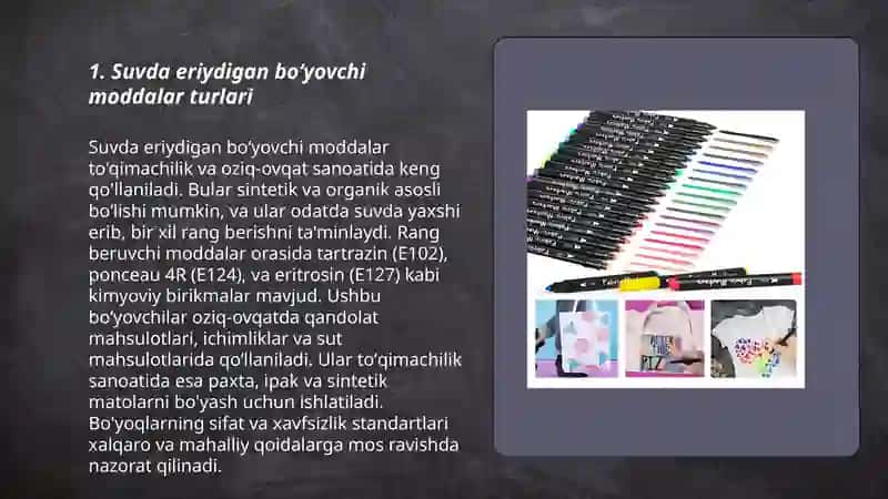 Suvda eriydigan boʻyovchi moddalar turlari 3