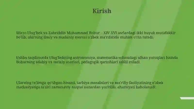 Mirzo Ulug'bek va Zahriddin Muhammad Boburlarning pedagogik g'oyalari vama'rifatparvarlikxizmatlari 3