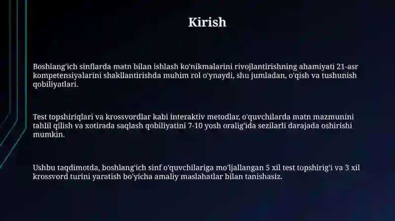 Boshlang'ich ta'limda matn bilan ishlash bo'yicha test topshiriqlari 3
