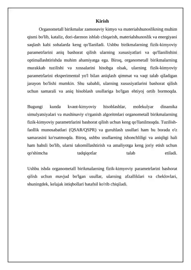 Organometall birikmalarning fizik-kimyoviy parametrlarini bashorat qilish usullari 3