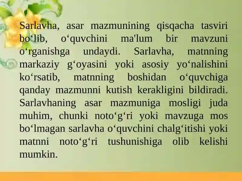 Asar sarlavhasi va asosiy fikr ustida ishlash. Sintaktik birliklar, so‘z birikmalari, gap ustida ishlash. Boshlang‘ich sinflarda matn asosida lug‘at ustida ishlash. 3