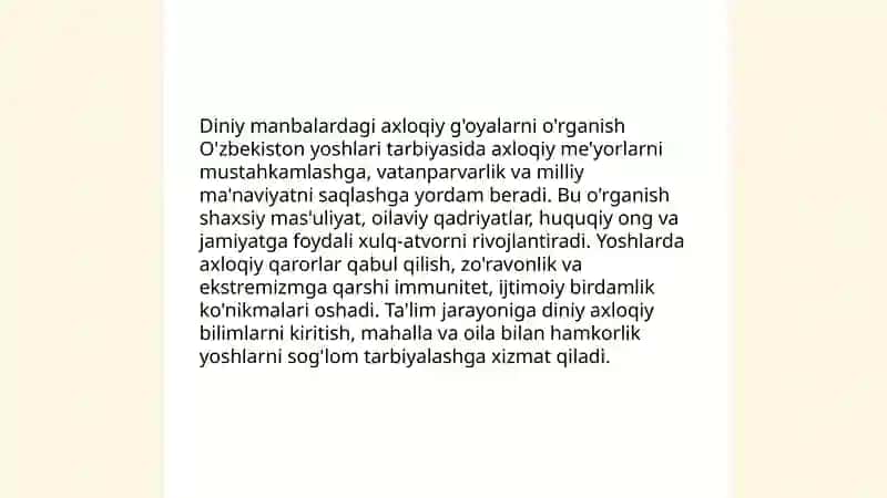 O'zbekiston yoshlarining diniy manbalardagi axloqiy tarbiyaga oid g'oyalarni o'rganishning ahamiyati 3