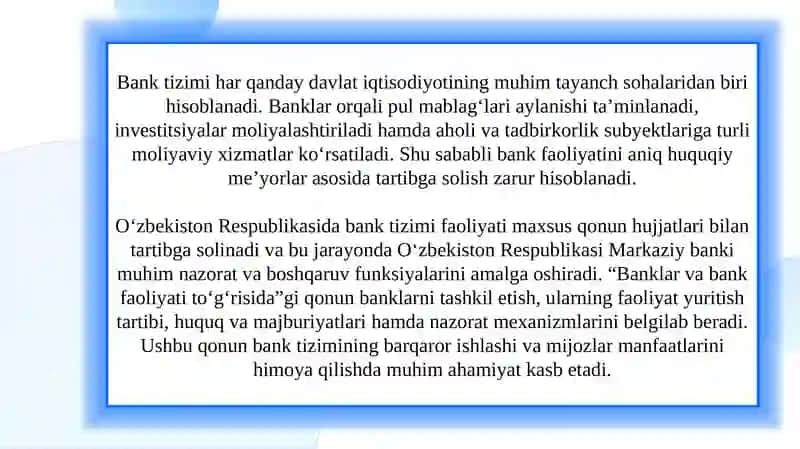 Banklar va bank faoliyati toʻgʻrisidagi qonun !  slayd 3