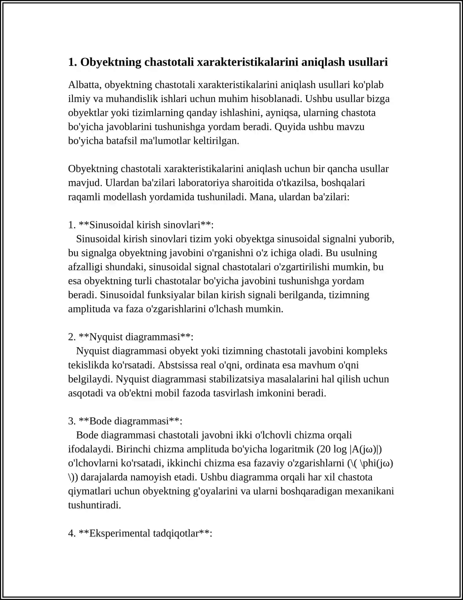 OBYEKTNING CHASTOTALI XARAKTERISTIKALARI BO'YICHA UZATISH FUNKSIYASINI ANIQLASH 3