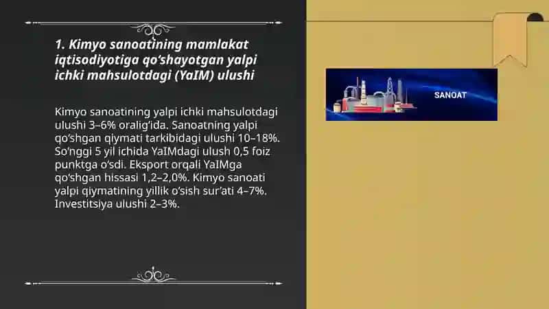 Kimyo sanoatining mamlakat iqtisodiyotiga qo‘shayotgan yalpi ichki mahsulotdagi (YaIM) ulushi 3