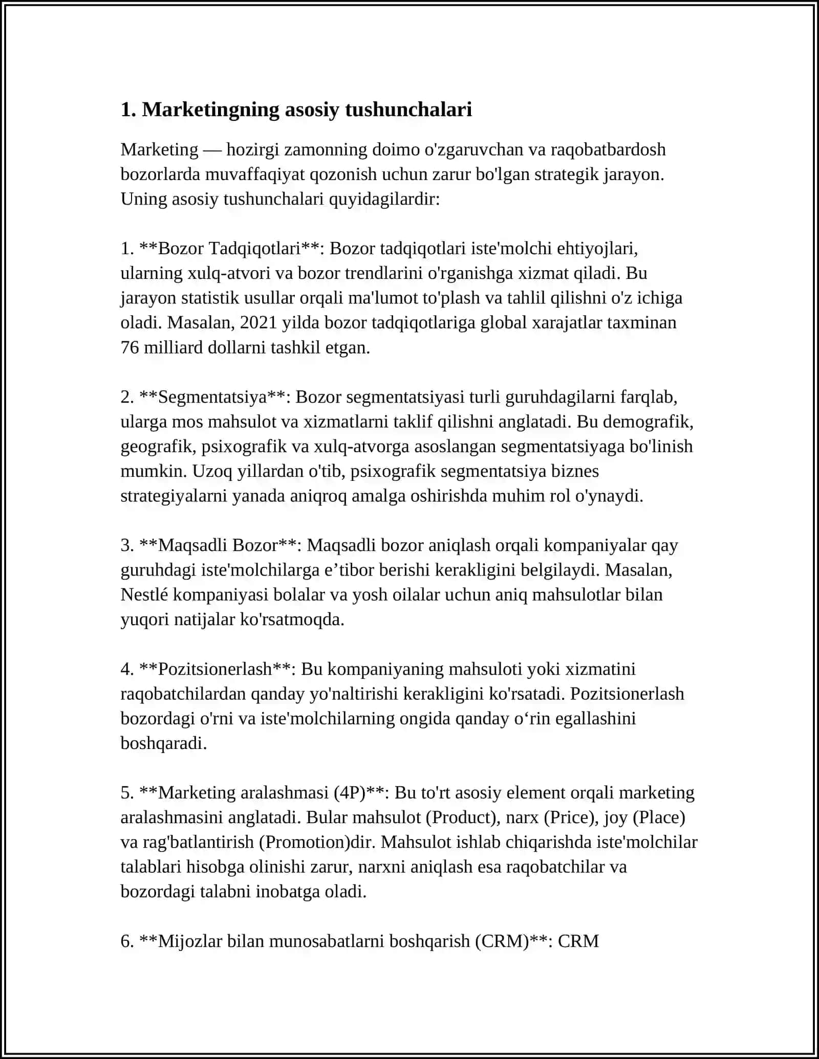 BIZNES ASOSLARI BOYICHA MARKENTINGNING ORNI 3